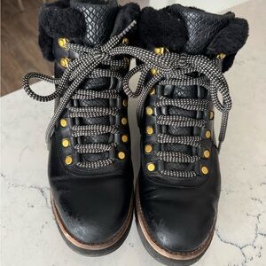 Cole Haan Zero Grand Explorer Black Leather Lace-Up Boots with Gold Eyelets